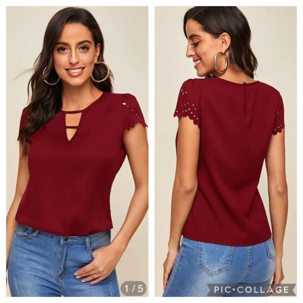 Nwot Shein Lattice V-Neck Eyelet Laser Cut Sleeve Top